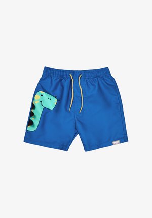 Blaue Badehose mit gelben Kordeln, auf der linken Seite mit einer Cartoon-Grafik eines grünen Dinosauriers und einem kleinen "Swim Co"-Etikett am Saum.