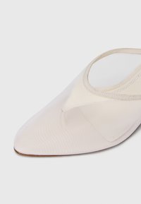 Pointed-toe beige mesh ballet flat with a low-cut opening and thin trim, displayed on a white background.