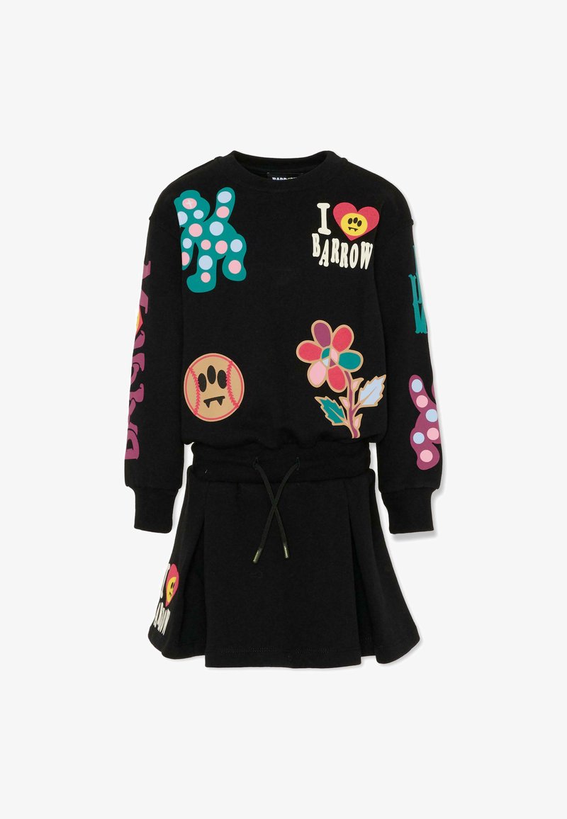 Vestito felpa nero con maniche lunghe, caratterizzato da grafiche colorate che includono fiori, pois e testo. Vita regolabile con cordoncino.