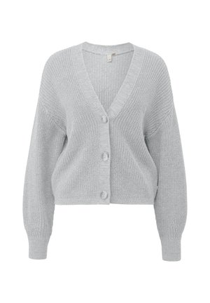 Cardigan grigio chiaro, texture lavorata a maglia, scollo a V profondo, maniche lunghe, cinque bottoni sul davanti, design corto. Tessuto morbido e casual.