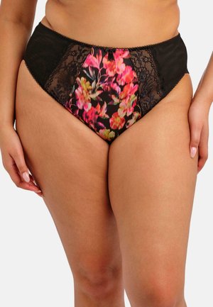 Slip met hoge taille en bloemenpatronen in roze en oranje op een zwarte achtergrond, met kanten accenten en een strikdetail.