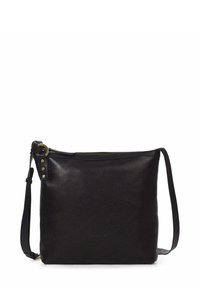 Bolso cruzado de cuero negro con textura suave, cierre de cremallera, correa ajustable y herrajes de latón. Presenta un diseño minimalista.