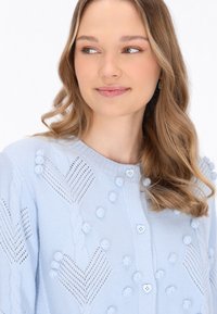 Vaaleansininen neulemekko, jossa on tekstuurisia sydänkuvioita ja koristeellisia palluroita. Kiinnitetty sydämenmuotoisilla nappiilla, pyöreä kaula-aukko.