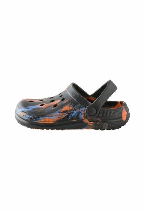 Black slip-on clog shoe with orange and blue paint splatter pattern, ventilation holes on top, and adjustable strap at heel.
