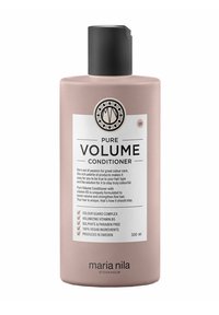 Roze plastic fles met een matte afwerking, zwarte flip-top deksel en een wit etiket. Bevat 300 ml pure volume conditioner met vegan ingrediënten.