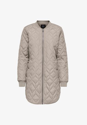 Vaatteet beige haalaritakki, jossa on täysivetoketju, ribbed hihansuut ja sivutaskut, kangassa on timanttikuosi.