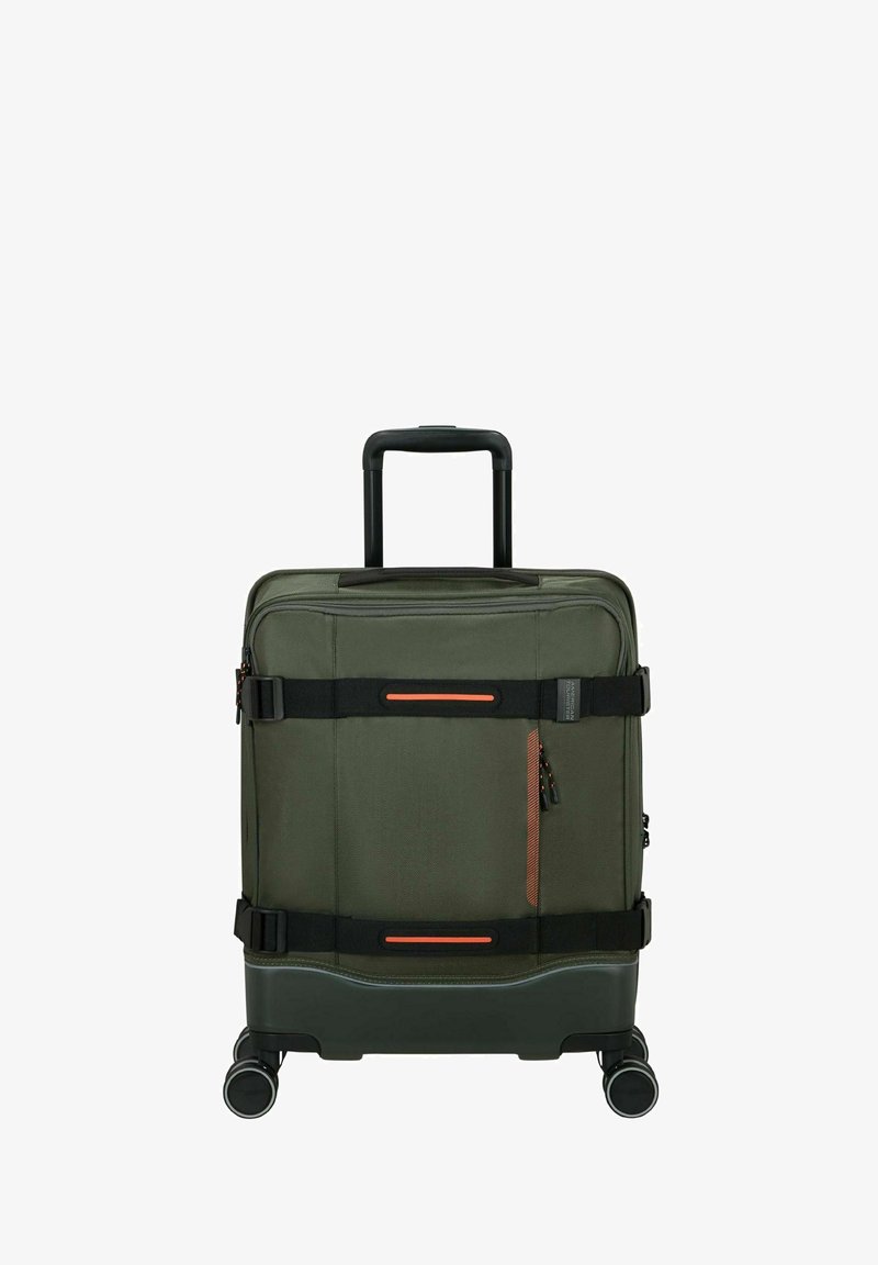 Olive green wheeled suitcase with a textured fabric surface, black straps, and an orange accent; features a retractable handle and swivel wheels.
