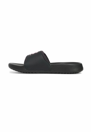 Black slide sandal made of synthetic material with a smooth texture, featuring a wide strap and a textured sole for grip.