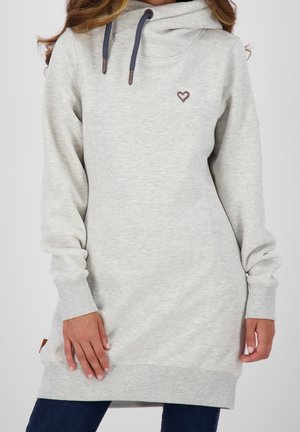 Abito con cappuccio grigio chiaro con tasca centrale a marsupio, polsini a coste e piccolo logo a forma di cuore. Presenta un cappuccio con coulisse e una texture morbida.