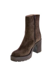 Stivale alla caviglia in suede marrone con chiusura a zip, sottogola curvo, tacco alto e superficie testurizzata, caratterizzato da una suola platform per un'altezza aggiuntiva.