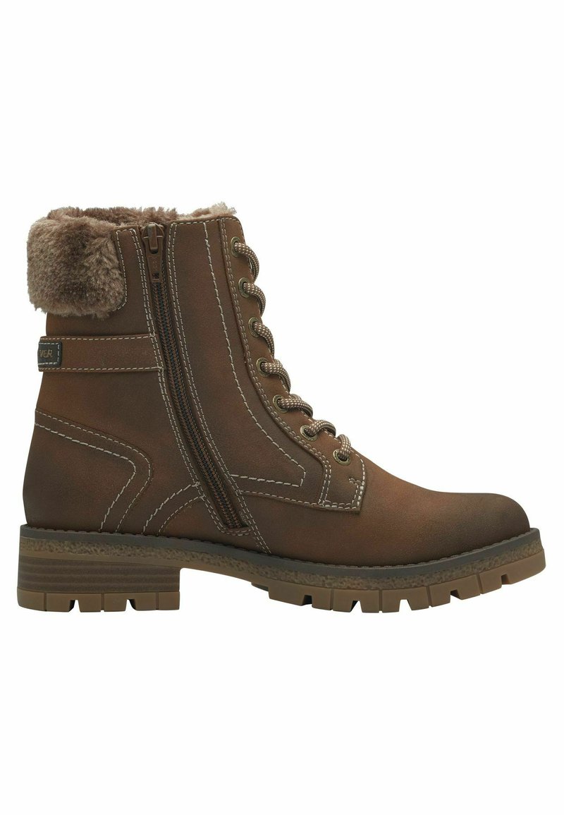 Bottines marron avec une tige texturée, un revers en fausse fourrure, un laçage à l'avant et une fermeture éclair sur le côté. Comprend des coutures blanches et une semelle robuste.