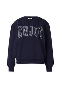 Sudadera azul marino con la palabra "ENJOY" impresa en grandes letras blancas en la parte frontal, con cuello de tripulación y puños acanalados.