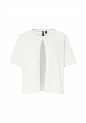 Top court blanc en tissu doux. Doté d'un col rond et d'une ouverture à l'avant avec une fermeture à bouton. Manches courtes et amples.