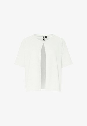 Hvid kort skuldertop lavet af blødt stof. Har en rund halsudskæring og en frontåbning med knaplukning. Korte, løse ærmer.