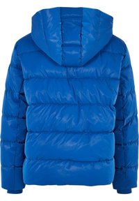 Blue puffer jacket with a hood, featuring a shiny finish, quilted design, and ribbed cuffs. The back view highlights horizontal segments.