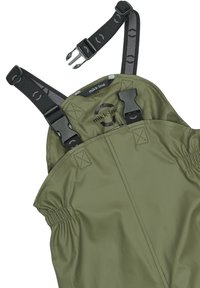 Green waterproof overall with adjustable black straps, elasticated waist, and reinforced stitching. Label displays "mikk-line" logo.