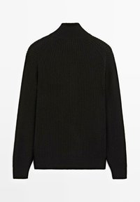 Black ribbed sweater featuring a high neckline and long sleeves with a textured finish. No visible logos or patterns.