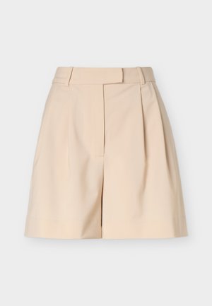 Béžové krátke nohavice s vysokým pásom, úpravou na mieru, s pútkami na opasok, prednými záhybmi a skrytým predným zapínaním, zobrazené na bielom pozadí.