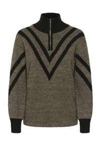 Sivi pulover s crnim chevron prugama, sa visokim ovratnikom i zatvaranjem na pola sa cipzom, izrađen od teksturiranog pletenog materijala.