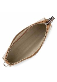 Borsa cosmetica trasparente e rettangolare realizzata in materiale sintetico, dotata di una cerniera metallica e di un interno beige chiaro con una texture liscia.