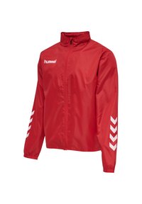 Giacca leggera rossa con zip frontale, colletto alto, polsini elasticizzati e dettagli a zig-zag bianchi sulle maniche. Il materiale è liscio e lucido.
