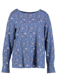 Maglietta a maniche lunghe blu con motivo floreale nei toni di rosa, nero e bianco, con scollatura rotonda e vestibilità rilassata. Tessuto dalla texture liscia.