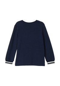 Langmouw overhemd in marineblauw, gemaakt van katoen. Heeft witte en gestreepte accenten op de mouwen. Eenvoudige ronde halslijn met een effen achterkant.