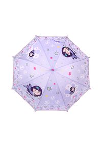 Hellblauer Regenschirm mit einem verspielten Design, das Meerjungfrauenfiguren, Sterne und Blasen zeigt. Acht Segmente mit pinken Akzenten.