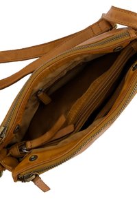 Tan leather handbag with an adjustable strap, featuring a zippered closure, interior pockets, and a soft fabric lining.