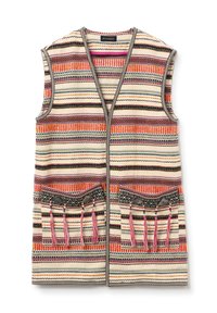 Multicolored woven vest featuring horizontal stripes and intricate patterns. Two front pockets with tassels and decorative accents.