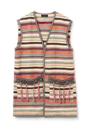 Multicolored woven vest featuring horizontal stripes and intricate patterns. Two front pockets with tassels and decorative accents.