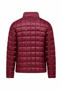 Giacca piumino color bordeaux con design trapuntato, caratterizzata da un collo alto e una texture liscia e lucida. La vista posteriore mostra motivi cuciti e una finitura ordinata.