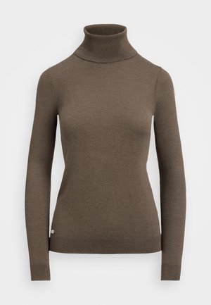 Suéter castanho de gargantilha feito de material suave, com mangas longas, design justo e detalhes canelados no decote e na bainha.