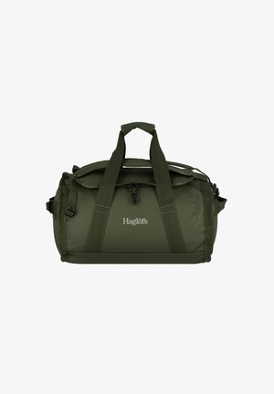 Bolsa de deporte verde oliva hecha de tela duradera, con asas dobles, correa de hombro ajustable, cierre con cremallera y detalle de logo en la parte frontal.