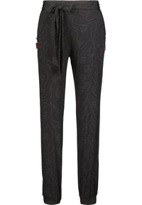 Svarta joggbukser med ett kontinuerligt linjeteckningsmönster av ansikten, har en knytbar midja och elastiska manschetter för en snug passform.