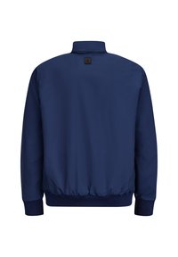 Marineblaues Bomberjacke aus glattem Stoff, mit einem stehenden Kragen, elastischen Bündchen und einem gerippten Saum. Kleines Logo-Patch auf der Rückseite.