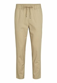 Beige kalhoty s elastickým pasem a šněrováním; zúžený střih; hladká textura; žádné viditelné vzory ani akcenty.
