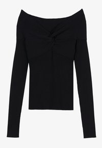 Haut noir à manches longues, décolleté bardot avec un design torsadé à l'avant. Confectionné en tissu à texture côtelée.