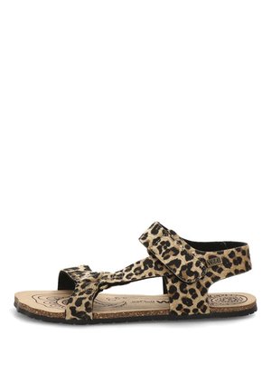 Sandalia de punta abierta con tiras de estampado de leopardo y suela de corcho, con cierres de Velcro ajustables y diseño estampado en la plantilla.