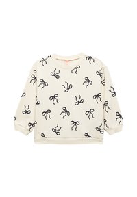 Cremefarvet sweatshirt med et gentaget sort sløjfeprint, rund hals, lange ærmer samt elastiske manchetter og kant for en afslappet pasform.