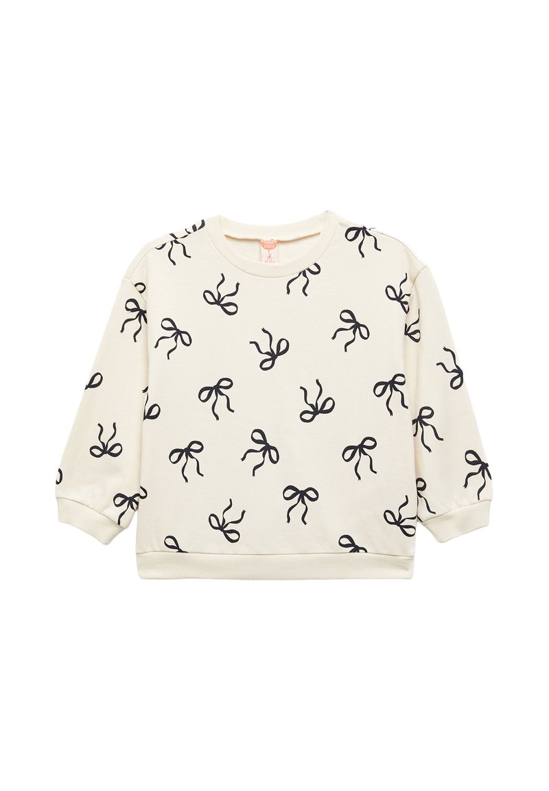 Cremefarvet sweatshirt med et gentaget sort sløjfeprint, rund hals, lange ærmer samt elastiske manchetter og kant for en afslappet pasform.