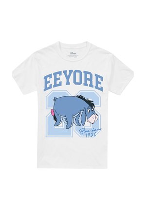 Weißes T-Shirt mit dem blauen Cartoon-Charakter I-Aah aus Winnie Puuh, großem "EEYORE"-Schriftzug, der Nummer 34 und dem Schriftzug "Blue since 1926".