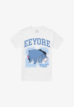 Weißes T-Shirt mit dem blauen Cartoon-Charakter I-Aah aus Winnie Puuh, großem "EEYORE"-Schriftzug, der Nummer 34 und dem Schriftzug "Blue since 1926".