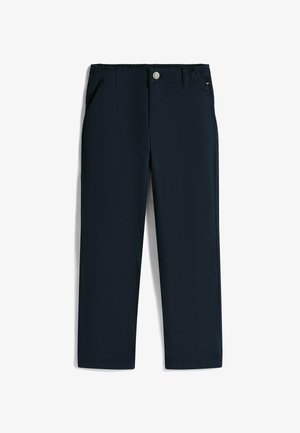 Pantaloni blu navy realizzati in tessuto leggero, con vita elastica, due tasche laterali e chiusura a bottone frontale.