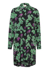 Vestido camisero de manga larga en tela negra con un vibrante patrón floral en tonos verde y púrpura, con cierre de botones en la parte delantera y cuello.