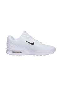 Zapatillas Nike blancas con parte superior de malla, swoosh negro, amortiguación Air Max visible en la suela y detalles texturizados en el talón.