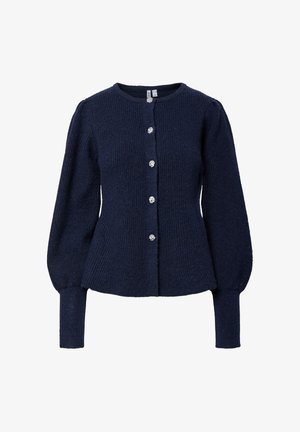 Marineblauwe cardigan met een textuurrijke brei, een ronde halslijn, lange pofmouwen en vijf decoratieve knopen aan de voorkant.