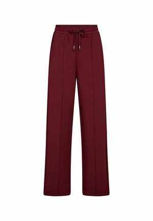 Burgundy wide-leg pants made of soft fabric with an elastic waistband, drawstring, and side pleats. Smooth texture and full-length design.