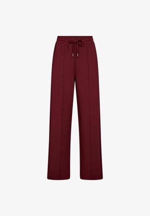 Burgundy wide-leg pants made of soft fabric with an elastic waistband, drawstring, and side pleats. Smooth texture and full-length design.