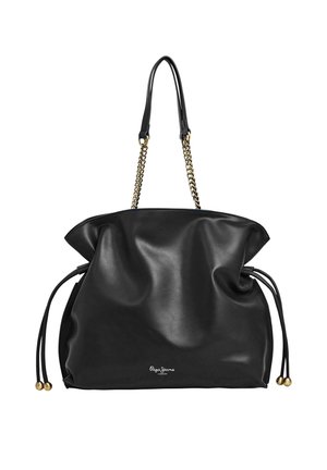 Sac à main en cuir noir avec poignées en chaîne dorée, côtés à cordon avec perles dorées, et petit logo blanc "Pepe Jeans London" à l'avant.